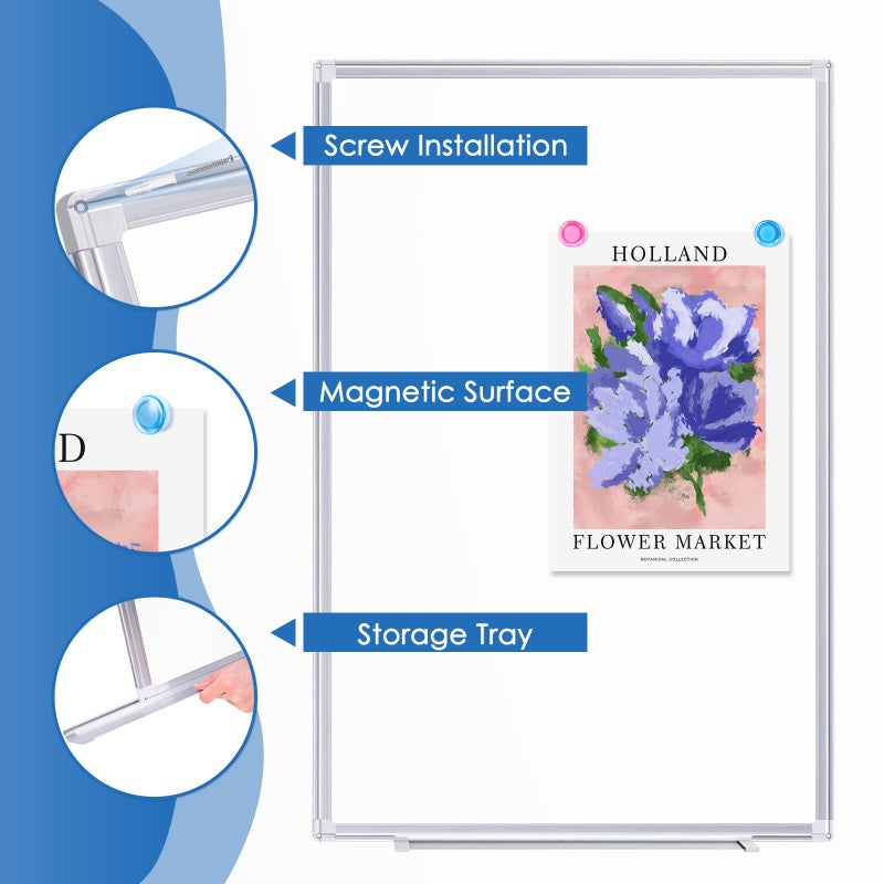 Tripollo لوحة بيضاء قابلة للمسح الجاف TRIPOLLO 36 x 24 بوصة، لوحة بيضاء مغناطيسية للمسح الجاف للجدار، لوحة بيضاء بإطار ألمنيوم (36 x 24 بوصة فضي) - Image 4